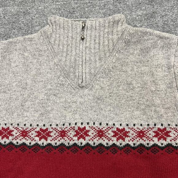 Woolrich Sweater Womens Large Ruby Red Gray Lambswool Fair Isle 1/4 Zip Pullover - Picture 2 of 10
